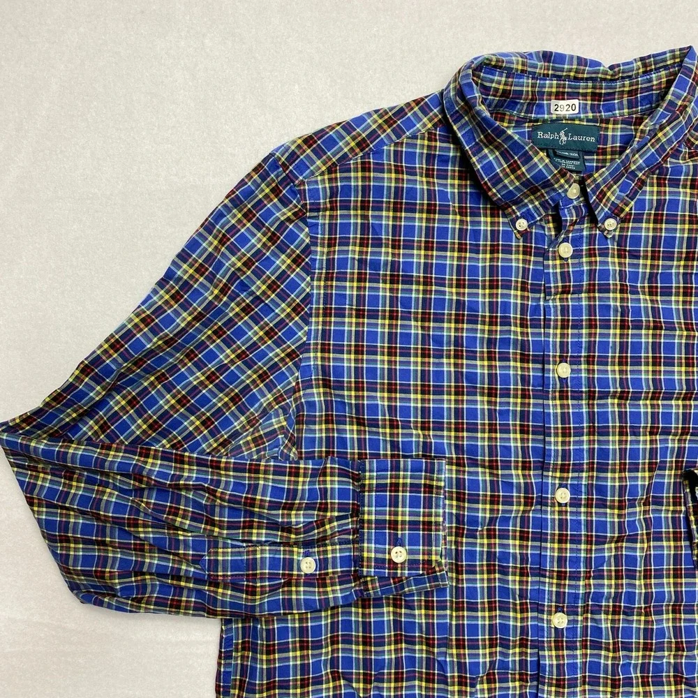 Ralph Lauren Shirt Boys XL Blue Long Sleeve Red Pony Plaid Button Down